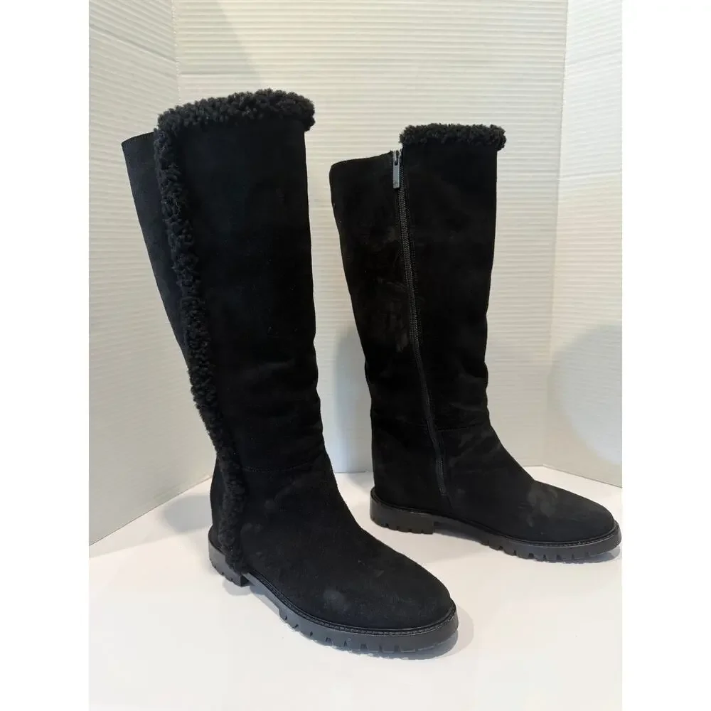 Aquatalia Cheyenne Black Lug Sole Suede Shearling Fur Lined Boots Italy‎ Sz 7M